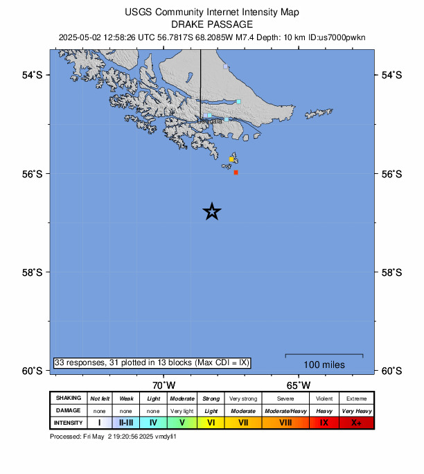 Satellite image showing the Drake Passage, significant in recent tsunami alerts