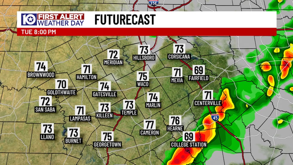 Radar map illustrating current severe weather in Austin and Central Texas.
