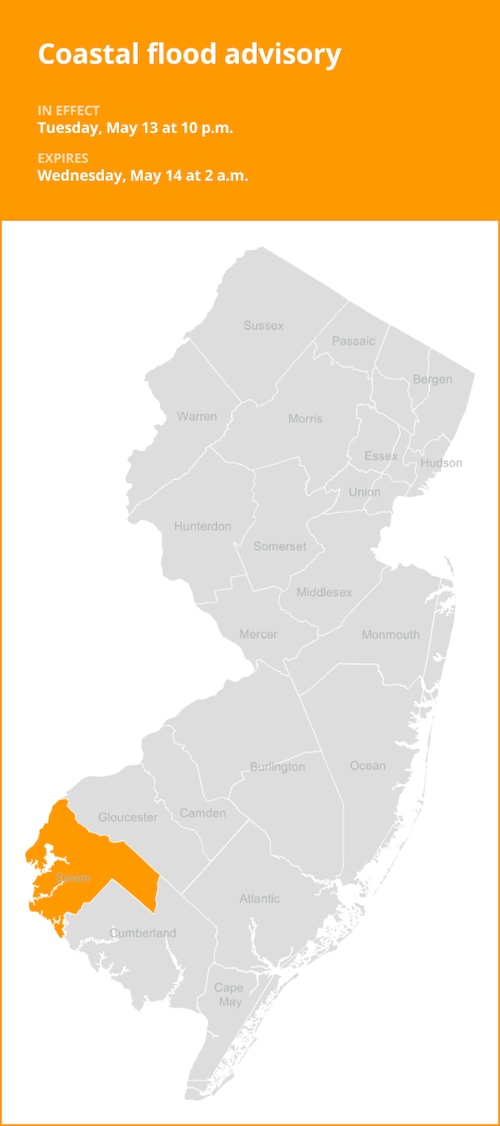 A coastal flood advisory warning in effect near a shoreline.
