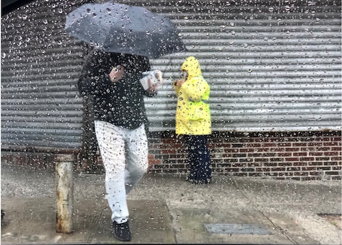 New York weather umbrella on a rainy street