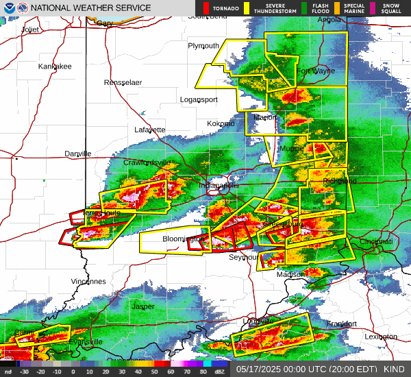 Animated radar of severe storms in Indiana, showing active tornado warnings. Focus keyword: wthr