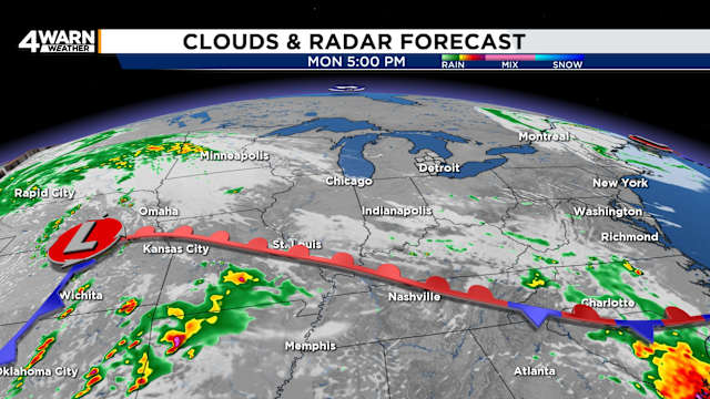 Skyline with partly cloudy sky over Lake Erie, representing cleveland weather